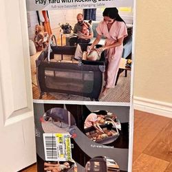 Monbebe Play Yard – Full-Size Rocking Bassinet, Removable Changer & Toy Bar – Castle Point