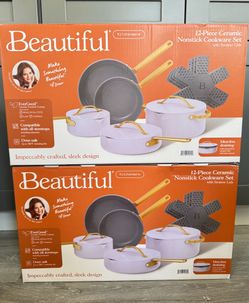 Beautiful 12-Piece Evergood Non-Toxic Ceramic Nonstick Coating Cookware Set, Pots and Pans with Strainer Lids, Lavender by Drew Barrymore
