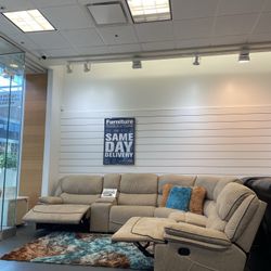 Summer clearance sale. Alejandra beige reclining sectional now $1599. Easy finance option. Same-day delivery.