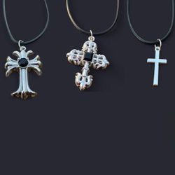 3 Pcs HANDMADE Gothic Silver Cross Necklaces, cross with black leather cord - Cool & Chic Antique punk emo grunge Necklace- Adjustable