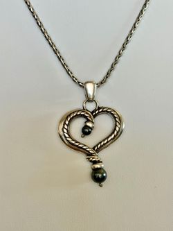 NWOT Brighton Widsom Black Pearl Heart Retired Silver Pendant Necklace & Brighton Pouch Dustbag
