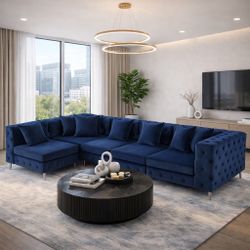 Navy Blue Large L-Shaped Modular Sofa, 5-Seat Velvet Sectional Couch