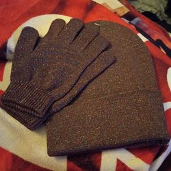 Brown Glitter Knit Beanie and Gloves Set