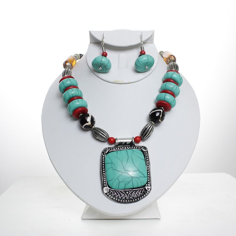 Tribal Turquoise Beaded Necklace & Earrings Set
