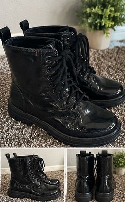 Black patent combat boots — Size 10
