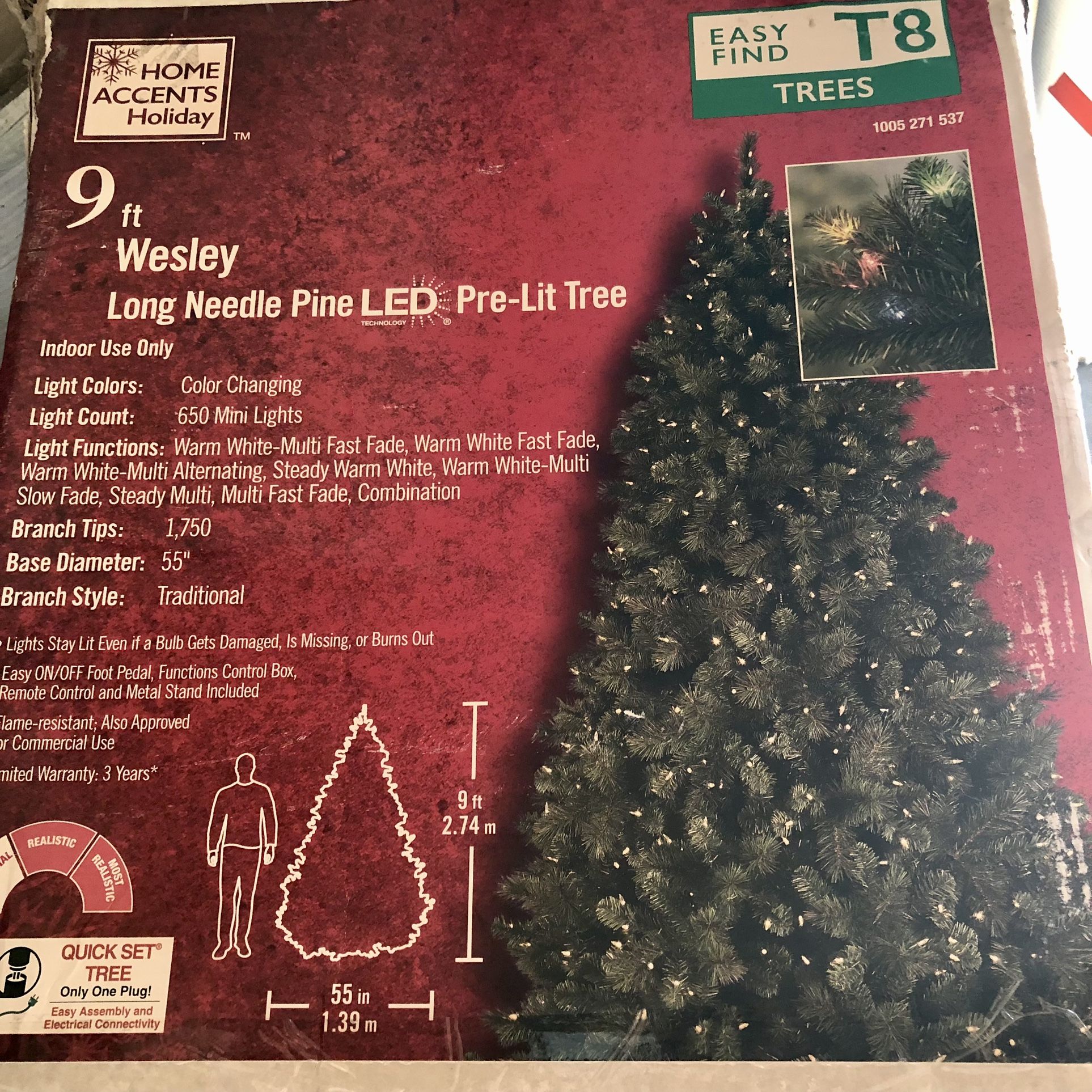 9 ft Wesley Long Needle Pine LED Pre-Lit Artificial Christmas Tree with 650 Color Changing Mini Lights