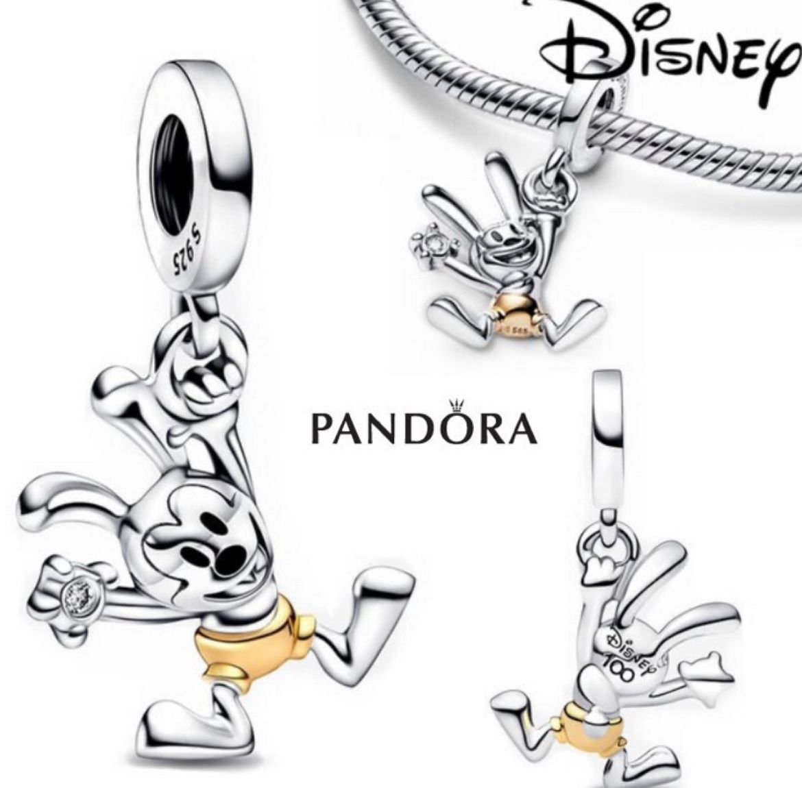 PANDORA Diamond Disney 100th Anniversary Oswald Charm 792519C01 w Disney Park Bx