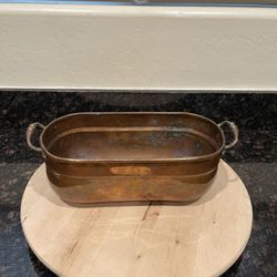 Vintage Rustic Oval Hammered Copper Pot or Planter with Brass Handles