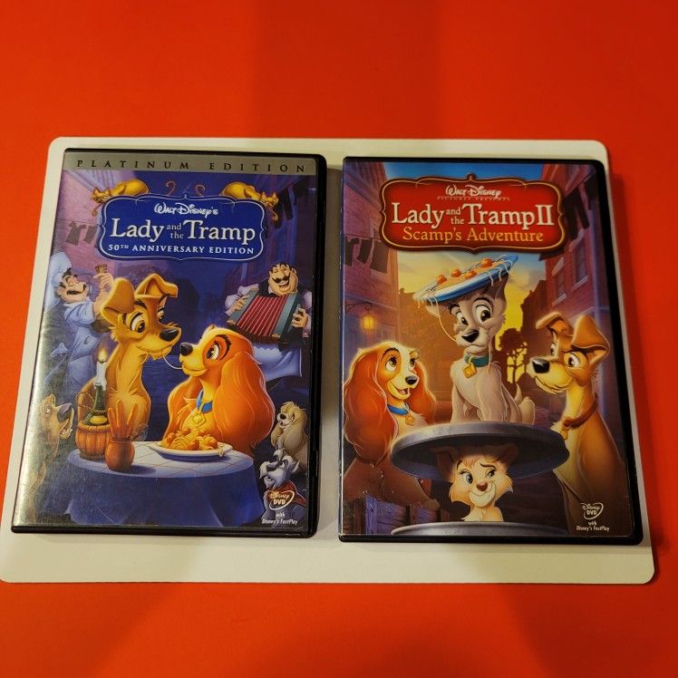 $6 DISNEY DVDS LADY AND THE TRAMP: 1 , LADY AND THE TRAMP: 2 SCAMPS ADVENTURE. $6 OR TRADE FOR A MOVIE TITLE I DO NOT ALREADY OWN. 