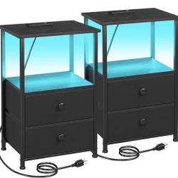 Set of 2 LED Nightstands w/ Charging Station, End Tables