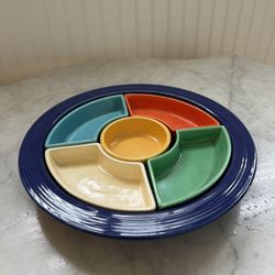 Rare Vintage Blue Multicolor Condiment HLC Fiesta Fiestaware Relish Tray Dish