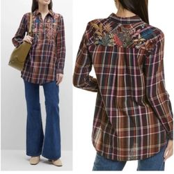 NWT Johnny Was Embroidered Plaid Button Down Shirt 