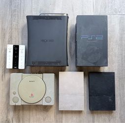 Nonworking Xbox 360, PSOne, PS2 consoles, & Wii remotes