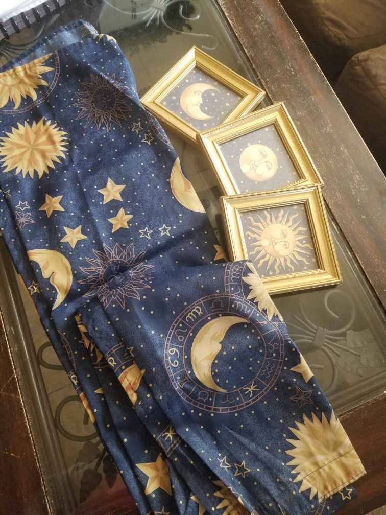 CELESTIAL SUN & MOON BATHROOM DECOR GOLD FRAMED ART & NEW SHOWER CURTAIN ASTROLOGY TAROT WITCH SPELLS