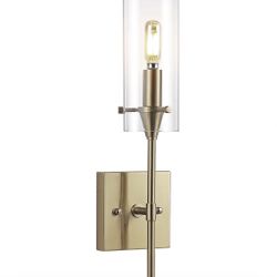 JONATHAN Y JYL7805C 20.5" Modern Farmhouse 1-Light Dimmable Wall Sconce, Brass Gold Bathroom Vanity Light with Clear Glass Shade, Hardwired Wall Lamp 