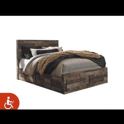 QUEEN Sized Bed Frame With 6 Storage Drawers In Washed Wood Finish Modern