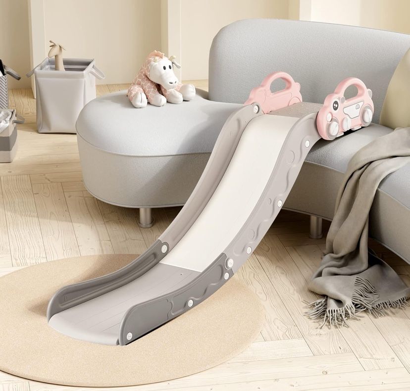Toddler Indoor Sofa Slide – Stair Slide Attachment for Bed, Nugget Couch & Playgrounds, Car Shape - Pink