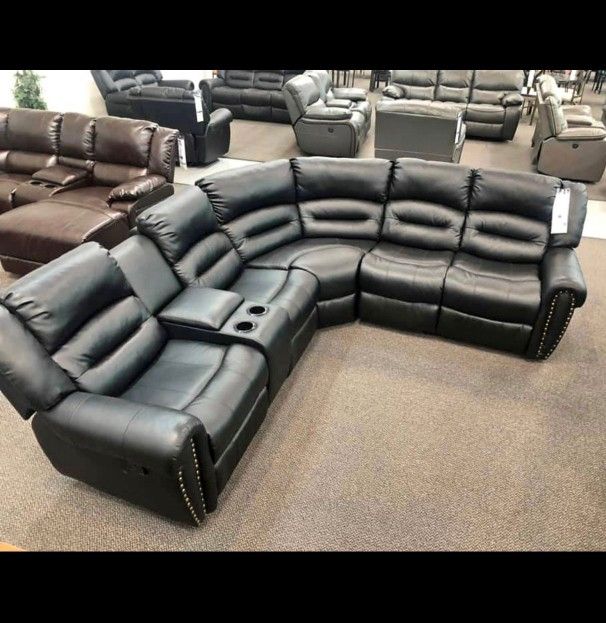 Black leather recliner sectional sofa set 