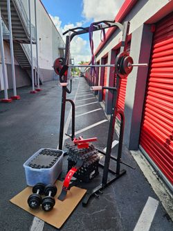 $225 Fitness accessories combo
Delivery for extra. Homestead 33033
Black steel power rack with pull-up bar, barbell loaded with plates on both sides,
