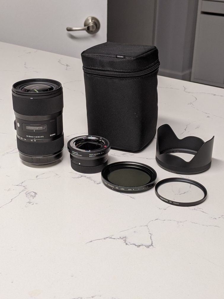 Sigma 18-35mm f/1.8 Canon EF w/ mc-11 adapter, UV & ND filter, lens case