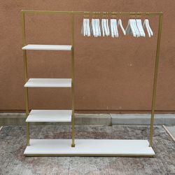 Clothing display rack with shelves / gold & white with 30 hangers