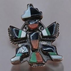 Vintage Zuni Dancer Inlay Pin, Signed "RAE