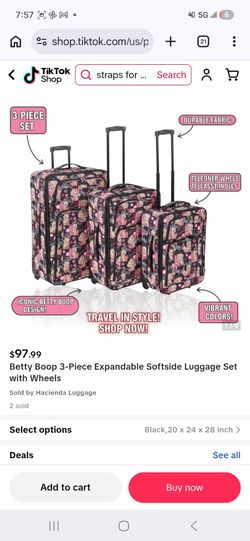 Brand: Betty Boop
4.8
4.8 out of 5 stars
(29)
Betty Boop 3 Pieces Luggage Set. Lightweight. 20", 24" & 28". Spinning Wheels. Expandable. Carry on Size