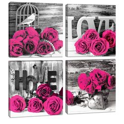 Pink Wall Decor Bedroom Wall Art Rose Flower Pictures Artwork 12x12 Retro Gray Love Floral Couples Canvas Prints Painting Modern Office Spa Bathroom L