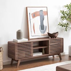 mopio Ensley 59" Tall TV Stand with Slatted Door, Mid Century Modern Entertainment Center for 55-65 inch TV, Farmhouse Media Console with Storage, Adj