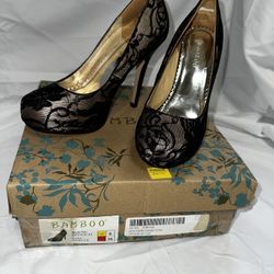 BAMBOO Lace Hidden Wedge Pump Beige/Black Size 6