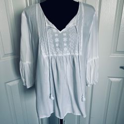 St John’s Bay White Embroidered Blouse w Tassels 3/4 Sleeves Size XL