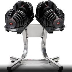 Bowflex SelectTech 1090 adjustable dumbbells (10-90 lbs.), and dumbbell stand.