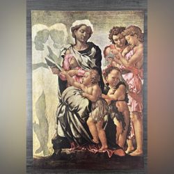 Original Vintage Fine Art Angels Print MICHELANGELO The Madonna, Child, St. John 1930’s Printed Antique Collectible High Renaissance Italian Italy