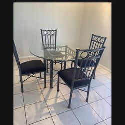 Dining Set Metal And Glass Top Round Glass 48” Diameter And 4 Chairs  