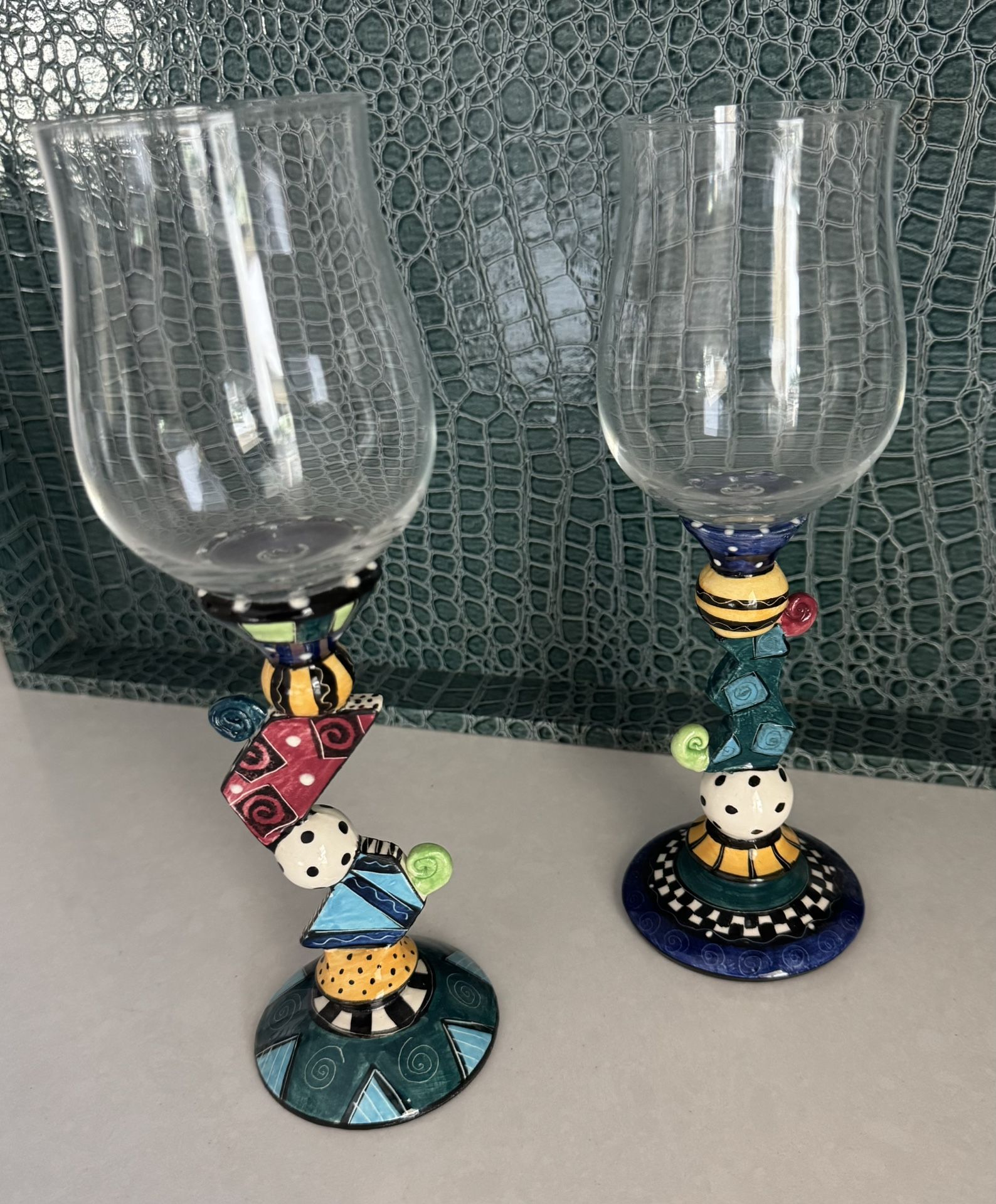 Pair Of Original Art Deco Ceramic Stem Wine Glasses
