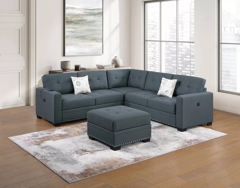 4-Piece Sectional Set W/ Ottoman
RAF/LAF One-Arm Loveseat W/USB + Corner Wedge + Cocktail Ottoman

Color: Dark Gray 