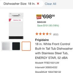 Frigidaire 18 In. ADA Compact Front Control Dishwasher In White With Dual Spray Arms, 52 DBA