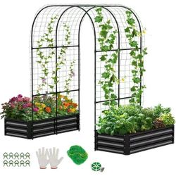 3 in 1 Raised Garden Bed with 87in Tall Arch Trellis for Climbing Plants, Galvanized Planter Garden Box Outdoor for Gardening, Climbing Vegetables, Fl