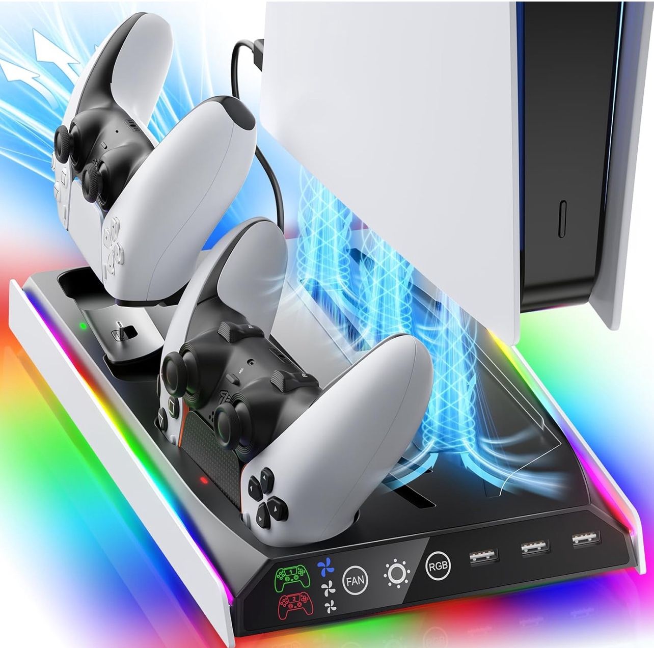 PS5/PS5 Slim Stand for PS3 Skins with Adjustable Cooling Fan, Vertical PS5 Cooling Stand for PS5/PS5 Slim, Multifunctional PS5 Cooling Station with Du