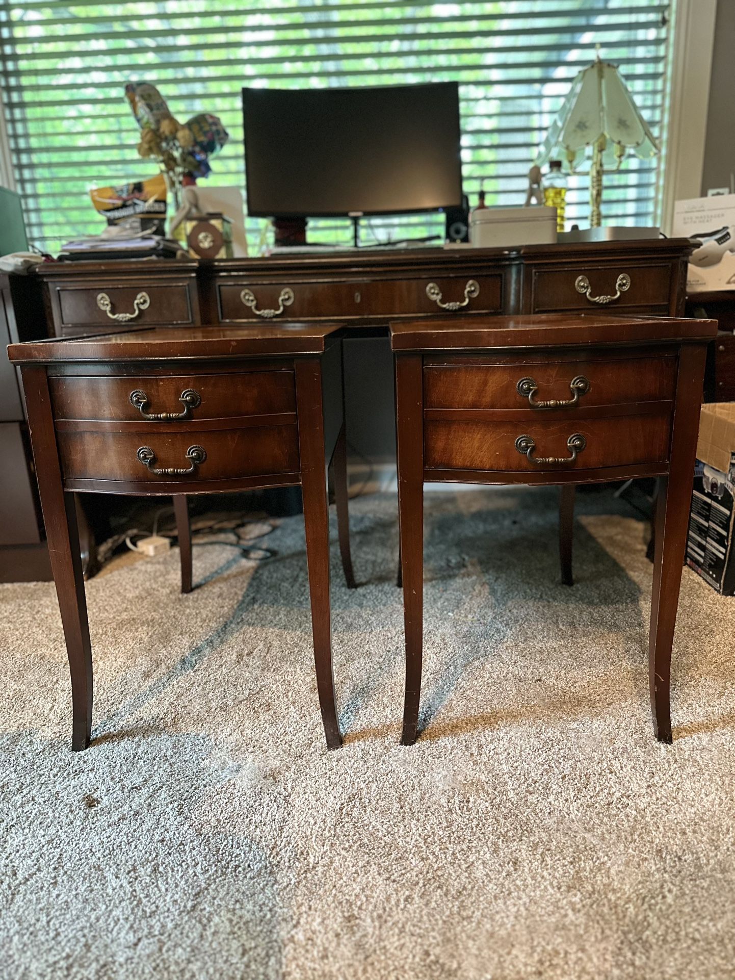 Mahogany Leather Gilded Inlay End Tables