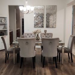 Mirrored Dining Table with 6 Grey chairs Z gallerie glam modern lamp plus