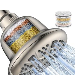 Filtered Shower Head Brushed Nickel - High Pressure Shower Head with Filter for Hard Water Softener - 7 Settings Bathroom Rain Showerhead to Remove Ch