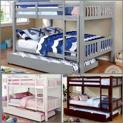 Full/Full/Twin Gray Wooden Bunkbed w. Ortho Mattresses Included 