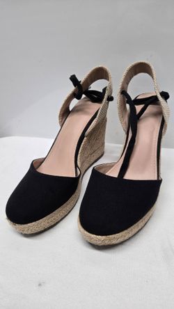 ZBY Black/Beige Espadrille Wedge Heels Closed Toe Ankle Tie Women’s 8