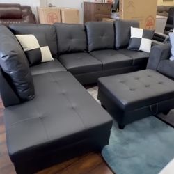 Black Leather Sectional Couch And Ottoman