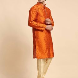 SKAVIJ Men's Indian Art Silk Kurta Pajama Set Wedding Party Wear Dress Size: L