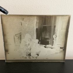 Antique Glass Plate Negative Woman Girl Doll Sitting In Chair 1800s/1900s