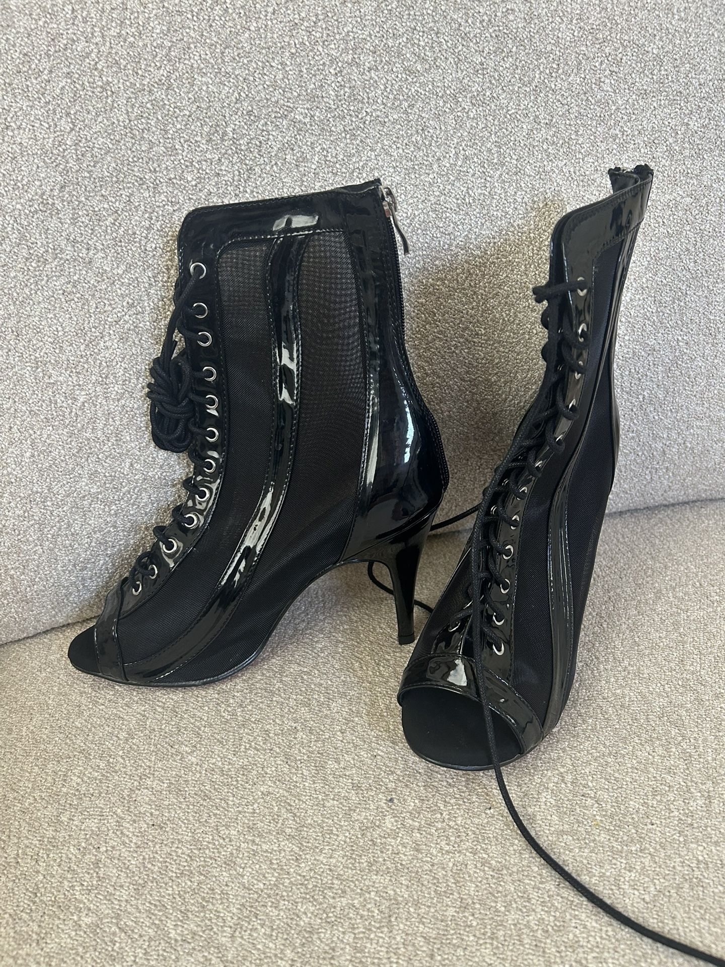 NEW Sierra - Open Toe Lace Up Shiny Bootie With Mesh, Stiletto Heel - B1889