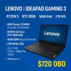 Lenovo IdeaPad Gaming 3 – RTX 3050, Ryzen 5, 16GB RAM, 2TB SSD – 120hrz 