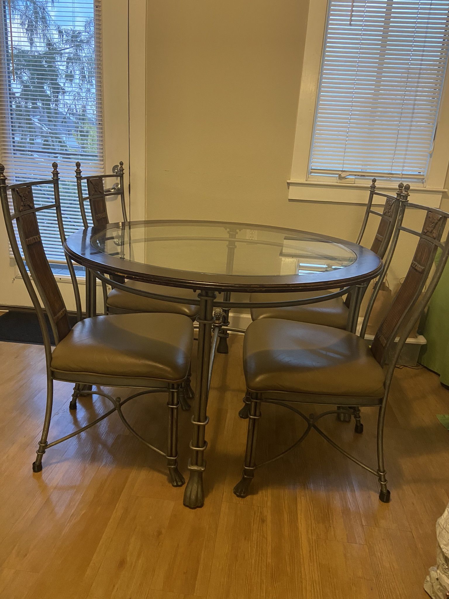 Round Wood & Glass Top Dining Table with 4 Leather Iron Chairs  